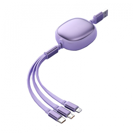 Sub 99 Lei - Cablu Retractabil Universal pentru Telefon, Flippy, Universal 3in1 pentru Orice Tip de Telefon, Micro-USB, Lightning, TYPE-C, 1.2M, Mov