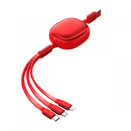 Sub 99 Lei - Cablu Retractabil Universal pentru Telefon, Flippy, Universal 3in1 pentru Orice Tip de Telefon, Micro-USB, Lightning, TYPE-C, 1.2M, Rosu