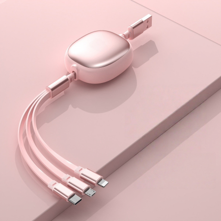 Cablu Retractabil Universal pentru Telefon, Flippy, Universal 3in1 pentru Orice Tip de Telefon, Micro-USB, Lightning, TYPE-C, 1.2M, Roz [1]