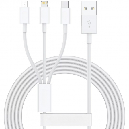 Sub 99 Lei - Cablu USB 3in1 Flippy SX - 21, USB la micro USB/USB-C/compatibil iphone, 3A, 1.2m (alb)