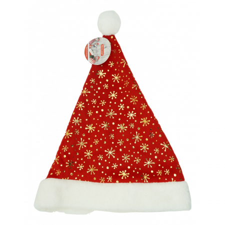 Decoratiuni, ornamente si articole Craciun - Caciulita de Mos Craciun, Flippy,cu ornament auriu fulg de nea, rosie, marime universala, material textil
