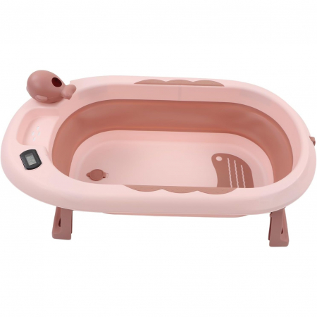 Pentru Casa si Camping - Cada de Baie, Flippy, pentru Copii 0 luni - 6 Ani, cu Termometru, Pliabila, Perna Suport Inclusa, din Plastic, 81.5 x 49 x 21.5 cm, Roz