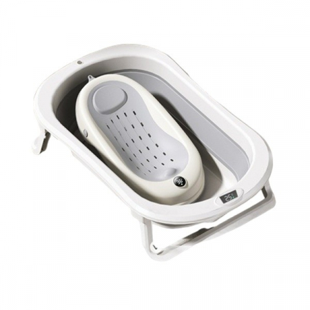 Jucarii, Copii & Bebe - Cada de Baie Pliabila, Flippy, cu Suport, Indicator de Temperatura, 0-8 Ani, din PP+TPR, 45 l Capacitate, 80 x 50 x 23 cm, Gri