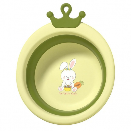 Jucarii, Copii & Bebe - Cada Pliabila pentru Baie pentru Copii, Flippy, Cadita pentru Bebelusi, Model Rotund cu Iepuras, Verde, 30x31x3.5 cm, 3.3 L