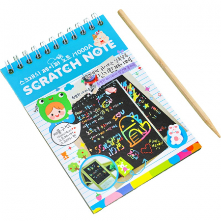 Jucarii, Copii & Bebe - Caiet cu fise razuibile Flippy, DIY Magic Scratch, 12 File, Curcubeu, Creion din Lemn, Cartonase negre, 14.2 x 9.8 cm, Baby Blue
