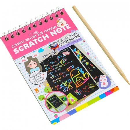 Jucarii, Copii & Bebe - Caiet cu fise razuibile Flippy, DIY Magic Scratch, 12 File, Curcubeu, Creion din Lemn, Cartonase negre, 14.2 x 9.8 cm, Roz deschis