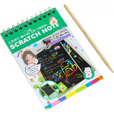 Jucarii, Copii & Bebe - Caiet cu fise razuibile Flippy, DIY Magic Scratch, 12 File, Curcubeu, Creion din Lemn, Cartonase negre, Verde Deschis, 14.2 x 9.8 cm