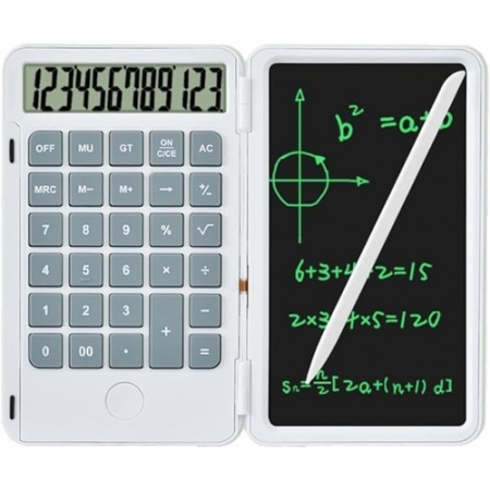 Pentru Casa si Camping - Calculator de Mana Reincarcabil cu Tabla de Scris, Flippy, Calculator Portabil, Ecran LCD, Afisaj cu 12 Cifre, Ecran de 15 cm, Culoare Alb