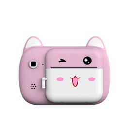 Jucarii, Copii & Bebe - Camera Instantanee pentru Copii, Flippy, Camera Frontala + Selfie, cu Functie de Printare, Cablu USB-C, Bluetooth, Compatibil iOS/Android, Imprimare APP, Model Pisica Smiley Face, Roz