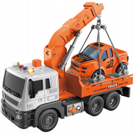 Jucarii, Copii & Bebe - Camion tractare cu masinuta inclusa, lumini si sunete, City Truck, Orange, 26 x 14 x 10 cm