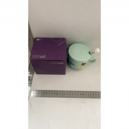 Cana ceramica, Flippy, din Portelan, print Figurine Animalute, Cana penru Copii, Model CUTE, Cana cu Lingura si Capac, Ceasca pentru Cafea, Ceai, 400ml Albastru [1]