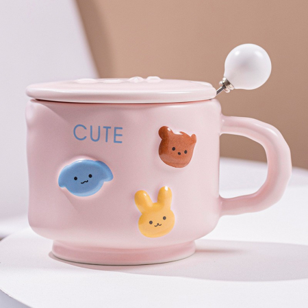 Bucatarie si electrocasnice - Cana ceramica, Flippy, din Portelan, print Figurine Animalute, Cana penru Copii, Model CUTE, Cana cu Lingura si Capac, Ceasca pentru Cafea, Ceai, 400ml Roz