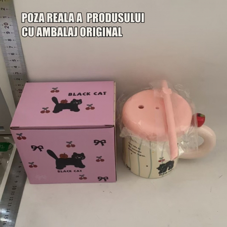 Cana din Ceramica cu Capac si Pai, Flippy, Capacul si Paiul din Silicon Roz, 9x8.5 cm, Model Cute A, Capacitate 380ml [4]