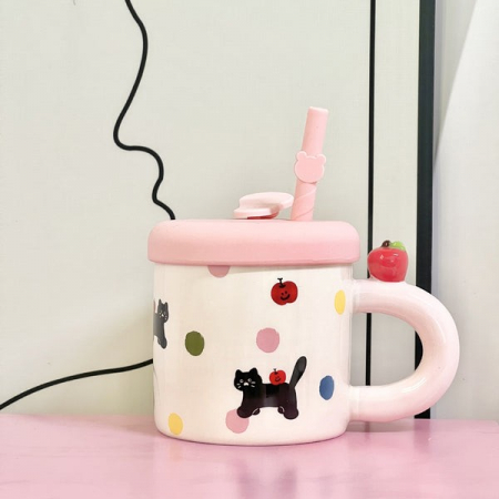 Cana din Ceramica cu Capac si Pai, Flippy, Capacul si Paiul din Silicon Roz, 9x8.5 cm, Model Cute B, Capacitate 380ml [4]