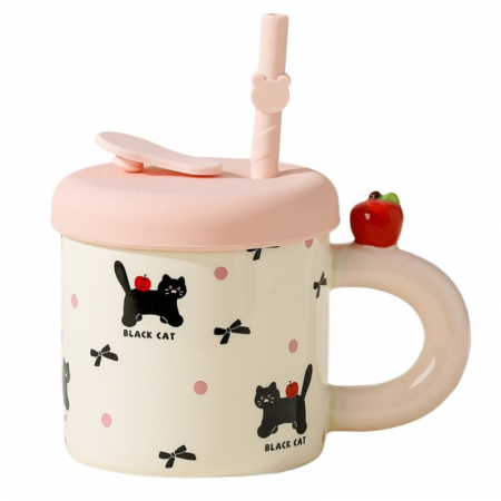 Ustensile de bucatarie - Cana din Ceramica cu Capac si Pai, Flippy, Capacul si Paiul din Silicon Roz, 9x8.5 cm, Model Cute C, Capacitate 380ml