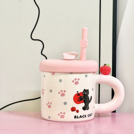 Cana din Ceramica cu Capac si Pai, Flippy, Capacul si Paiul din Silicon Roz, 9x8.5 cm, Model Cute D, Capacitate 380ml [4]