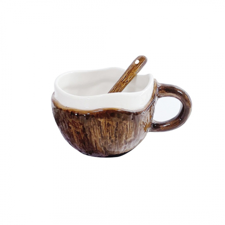 Bucatarie si electrocasnice - Cana din Ceramica, Flippy, 201-300 ml, cu Lingurita, Model Nuca de Cocos, Maro