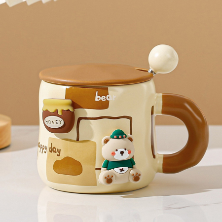 Cana din Ceramica, Flippy, Model Urs pentru Baieti, Cana Universala, Cana pentru Ceai, Cana cu Lingura Metalica si Capac, 9.6 x 9.5 x 9.5 cm, 400 ml Bej [1]