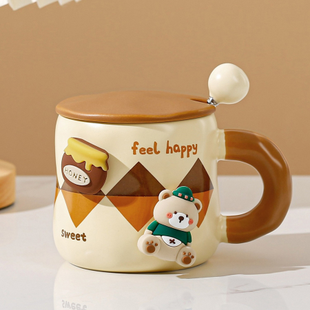 Cana din Ceramica, Flippy, Model Urs pentru Baieti, Cana Universala, Cana pentru Ceai, Cana cu Lingura Metalica si Capac, 9.6 x 9.5 x 9.5 cm, 400 ml Crem [1]