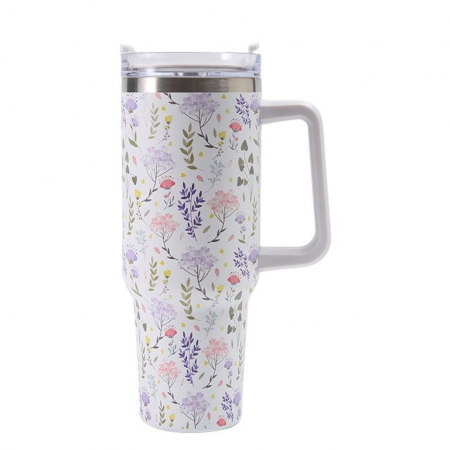 Ustensile de bucatarie - Cana Termos din Plastic, Flippy, pentru Bauturi Calde si Reci, cu Maner, Imprimeu Floral, Alb, 10x7.6x27.5 cm