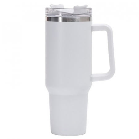 Ustensile de bucatarie - Cana Termos din Plastic, pentru Bauturi Calde si Reci, cu Maner, 9.9x9.9x27 cm, Alb
