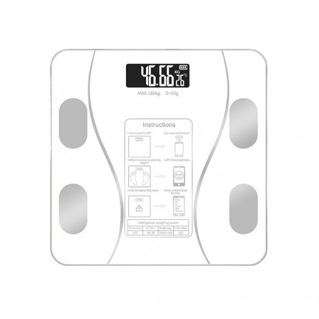 Pentru Casa si Camping - Cantar Electronic Inteligent De Baie Flippy Cu Aplicatie Smart, Corporal, Ecran Digital Iluminat, Termometru, Suporta Maxim 180 Kg, 26 x 26 cm, Baterii, Alb
