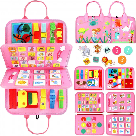 Carte Senzoriala Educativa Montessori 7in1, Flippy, 26 de Activitati, Dezvoltare Abilitati Motorii, 4 Pagini, Model Dinozauri, 28x22x7 cm, Roz [6]