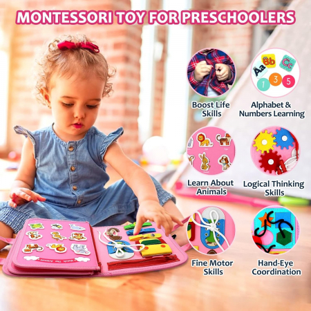 Carte Senzoriala Educativa Montessori 7in1, Flippy, 26 de Activitati, Dezvoltare Abilitati Motorii, 4 Pagini, Model Dinozauri, 28x22x7 cm, Roz [1]