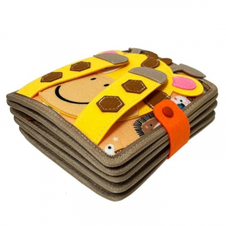 BF-Carte Senzoriala Educativa Montessori 7in1, Flippy, Dezvoltare Abilitati Motorii, 8 Pagini, 3D, cu Elemente Detasabile, Model Girafa, 21x21x8 cm, Maro [1]