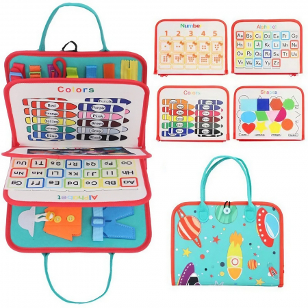 Jucarii, Copii & Bebe - Carte Senzoriala Educativa Montessori, Flippy, cu Activitati, Dezvoltare Abilitati Motorii, 4 Pagini, Model Spatiu Cosmic, 28x22x7 cm, Albastru