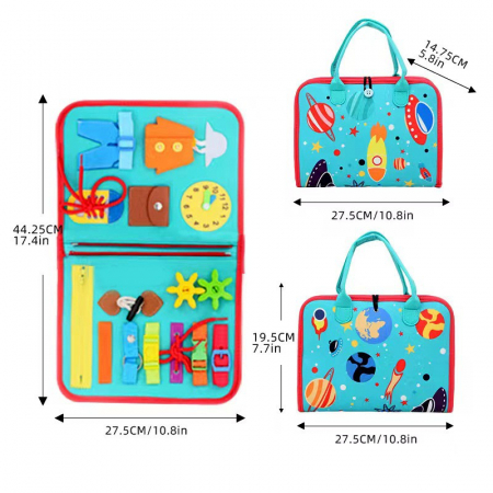 Carte Senzoriala Educativa Montessori, Flippy, cu Activitati, Dezvoltare Abilitati Motorii, 4 Pagini, Model Spatiu Cosmic, 28x22x7 cm, Albastru [9]