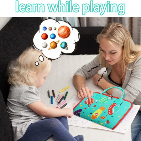 Carte Senzoriala Educativa Montessori, Flippy, cu Activitati, Dezvoltare Abilitati Motorii, 4 Pagini, Model Spatiu Cosmic, 28x22x7 cm, Albastru [10]