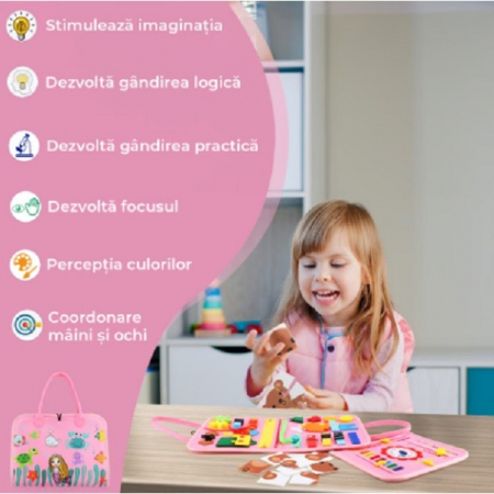 Carte Senzoriala Educativa Montessori, Flippy, Dezvoltare Abilitati Motorii, 3 Pagini, Model Sirena si Alfabet, 28x25x4 cm, Roz [6]