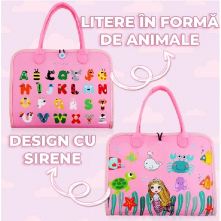 Carte Senzoriala Educativa Montessori, Flippy, Dezvoltare Abilitati Motorii, 3 Pagini, Model Sirena si Alfabet, 28x25x4 cm, Roz [5]