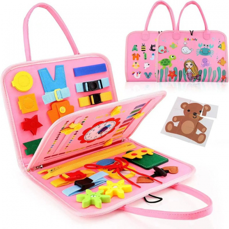 Carte Senzoriala Educativa Montessori, Flippy, Dezvoltare Abilitati Motorii, 3 Pagini, Model Sirena si Alfabet, 28x25x4 cm, Roz [2]
