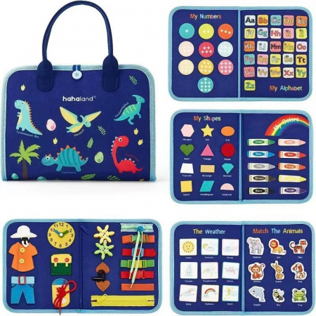 Jucarii, Copii & Bebe - Carte Senzoriala Educativa Montessori, Flippy, Dezvoltare Abilitati Motorii, 5 Pagini, Model Dinozauri, 28x22x7 cm, Albastru