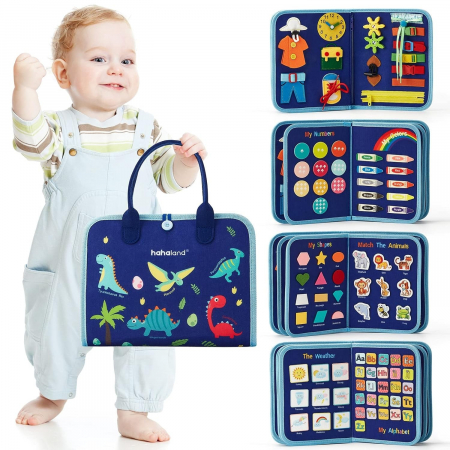 Carte Senzoriala Educativa Montessori, Flippy, Dezvoltare Abilitati Motorii, 5 Pagini, Model Dinozauri, 28x22x7 cm, Albastru [4]