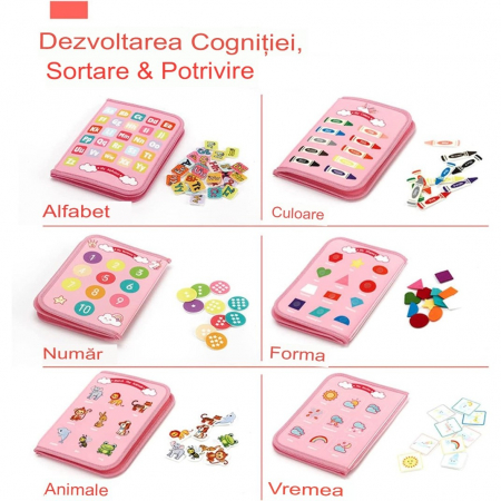 Carte Senzoriala Educativa Montessori, Flippy, Dezvoltare Abilitati Motorii, 5 Pagini, Model Unicorni, 28x22x7 cm, Roz [1]