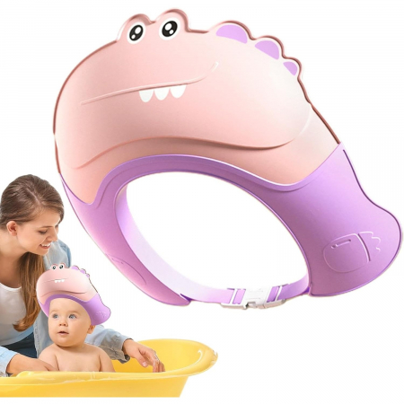 Casca de Dus, Flippy, Previne Scurgerea Apei si Samponului pe Fata, 0-12 Ani, Ajustabila, din TPE+PP, 20 x 23 cm, Model Crocodil, Roz/Mov [4]