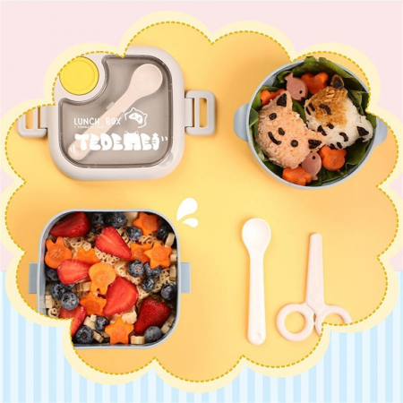Caserola pentru copii Flippy, lunch box, 750 ml, doua boluri, lingura, foarfeca din plastic, rezistenta la scurgeri, Albastra [7]