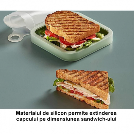 Caserola pentru sandwich Flippy, din silicon si polipropilena, portabil, usor de curatat, capac anti-scurgere, reutilizabil, 15.5 x 15.5 x 2.5 cm, verde [4]