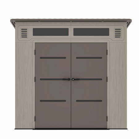 Gradina - Casuta / magazie de gradina din polietilena HDPE Mesterino HUME-A, usi si acoperis maro, pereti gri antracit, 254x254x230 cm, cu podea din plastic HDPE, cinci carlige si doua polite CADOU