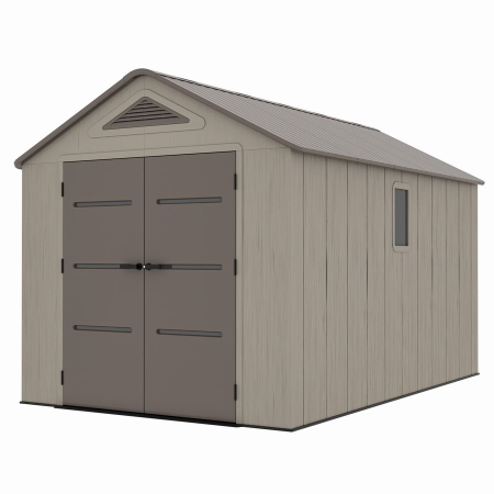 Gradina - Casuta / magazie de gradina din polietilena HDPE Mesterino PLATO-D, usi si acoperis maro, pereti gri antracit, 250x378x242 cm, cu podea din plastic HDPE, cinci carlige si doua polite CADOU