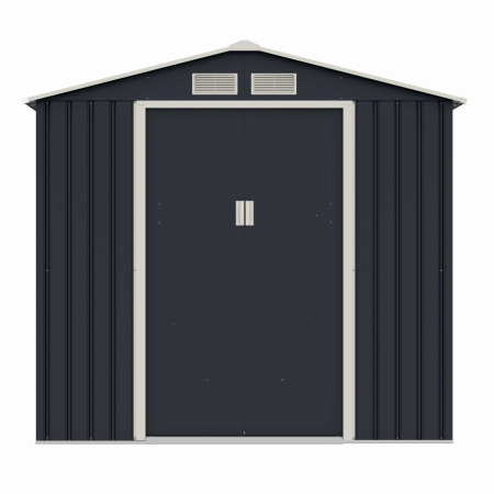 Gradina - Casuta / magazie de gradina premium metalica MESTERINO Archer-A, Gri/Bej, dimensiuni 213x131x195 cm, cu usi culisante si baza metalica