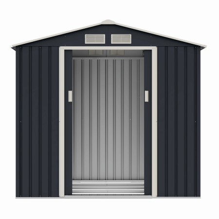 Casuta / magazie de gradina premium metalica MESTERINO Archer-A, Gri/Bej, dimensiuni 213x131x195 cm, cu usi culisante si baza metalica [3]