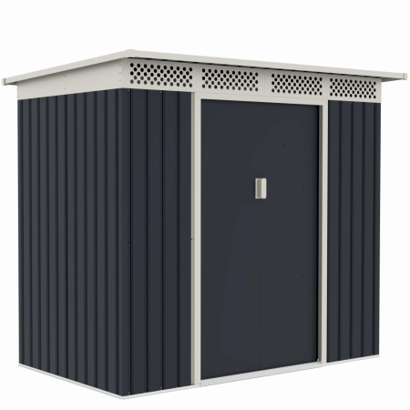 Gradina - Casuta / magazie de gradina premium metalica, MESTERINO Bella-A, Gri/Bej, dimensiuni 215x142x184 cm, cu usi culisante si baza metalica