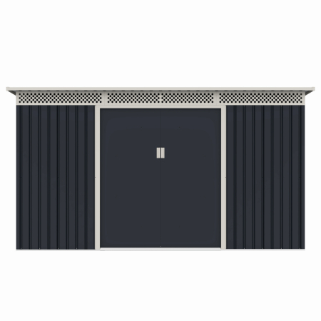 Gradina - Casuta / magazie de gradina premium metalica, MESTERINO Bella-C, Gri/Bej, dimensiuni 343x142x184 cm, cu usi culisante si baza metalica
