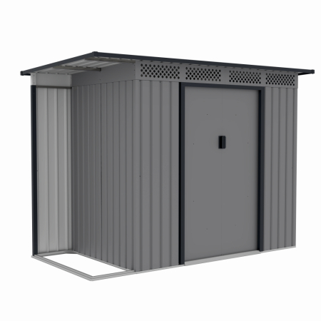 Gradina - Casuta / magazie de gradina premium metalica, MESTERINO Chester-A, Gri/Bej, dimensiuni 257x142x184 cm, cu usi culisante si baza metalica