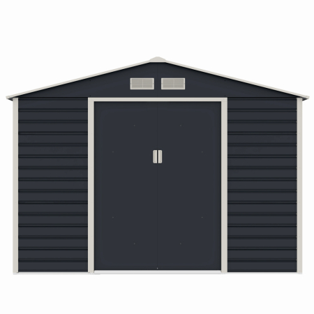 Gradina - Casuta / magazie de gradina premium metalica, MESTERINO Evan-C, Gri/Bej, dimensiuni 277x195x200 cm, cu usi culisante si baza metalica