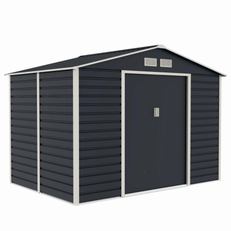 Casuta / magazie de gradina premium metalica, MESTERINO Evan-C, Gri/Bej, dimensiuni 277x195x200 cm, cu usi culisante si baza metalica [1]